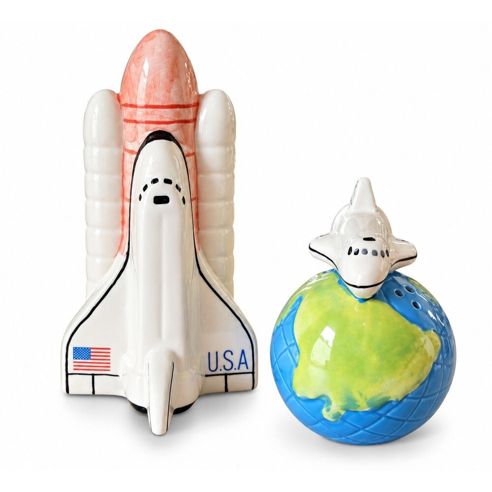 Vintage 1989 Fitz & Floyd Space Shuttle Globe Salt Pepper Shakers Ceramic